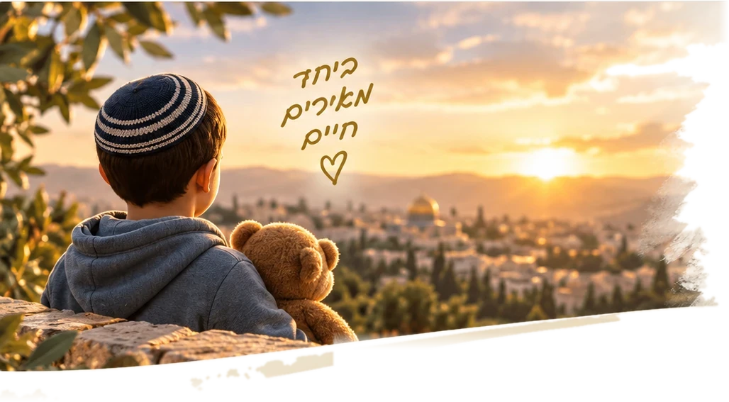 ילד ודובי מביטים אל ירושלים בשקיעה