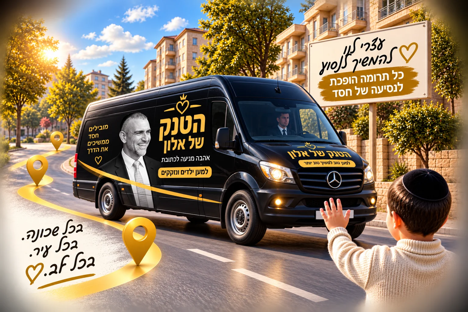 הטנק של אלון ברחוב, ילד מנופף לו לשלום, ושלט: כל תרומה הופכת לנסיעה של חסד. בכל שכונה, בכל עיר, בכל לב